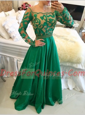 Green Prom Party Dress Prom and For with Beading and Appliques Scoop Long Sleeves Side Zipper