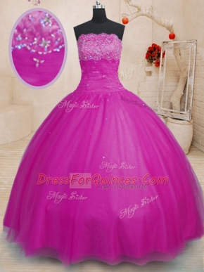 Shining Fuchsia Ball Gowns Tulle Strapless Sleeveless Beading Floor Length Lace Up 15 Quinceanera Dress