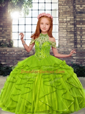 Tulle Sleeveless Floor Length Little Girls Pageant Gowns and Beading and Ruffles