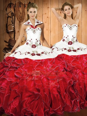 Vintage White And Red 15th Birthday Dress Military Ball and Sweet 16 and Quinceanera with Embroidery and Ruffles Halter Top Sleeveless Lace Up