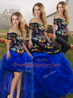 Sleeveless Floor Length Embroidery and Ruffles Lace Up Sweet 16 Quinceanera Dress with Royal Blue