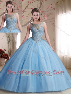 Classical See Through Scoop Beaded Bodice Discount Quinceanera Dresses in Light Blue