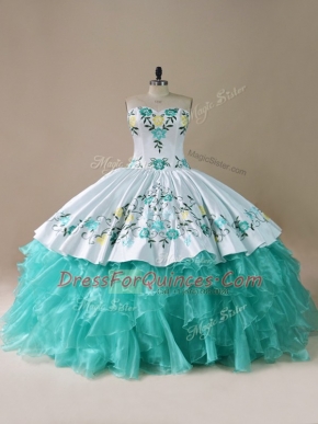 Floor Length Lace Up Ball Gown Prom Dress Blue And White for Sweet 16 and Quinceanera with Embroidery and Ruffles