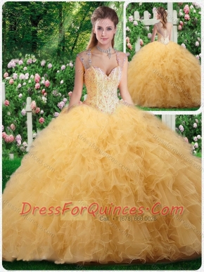 2016 Luxurious Straps Beading and Ruffles Sweet 16 Dresses in Champange