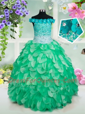 Off the Shoulder Floor Length Ball Gowns Sleeveless Green Little Girls Pageant Gowns Lace Up
