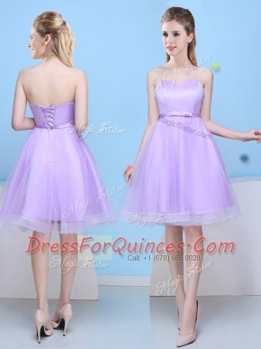 Elegant Lavender Lace Up Court Dresses for Sweet 16 Bowknot Sleeveless Knee Length