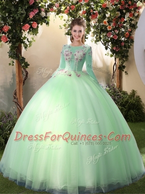 Scoop Apple Green Long Sleeves Floor Length Appliques Lace Up 15 Quinceanera Dress