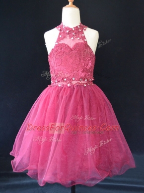 Superior Mini Length Hot Pink Girls Pageant Dresses Organza Sleeveless Beading and Lace