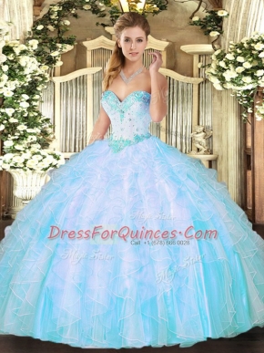 Luxury Aqua Blue Ball Gown Prom Dress Military Ball and Sweet 16 and Quinceanera with Beading and Ruffles Sweetheart Sleeveless Lace Up