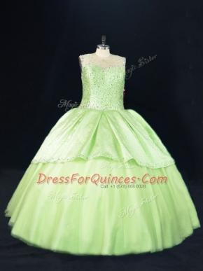 Floor Length Lace Up Ball Gown Prom Dress Yellow Green for Sweet 16 and Quinceanera with Beading