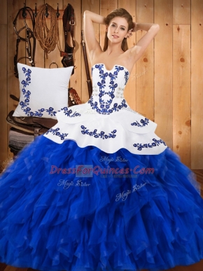 Most Popular Blue And White Quinceanera Dress Military Ball and Sweet 16 and Quinceanera with Embroidery and Ruffles Strapless Sleeveless Lace Up