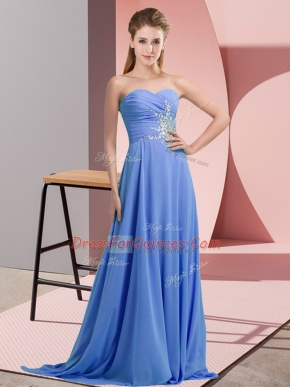 Graceful Floor Length Blue Evening Dress Chiffon Sleeveless Beading and Ruching