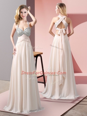 Fitting Floor Length Empire Sleeveless Champagne Dress for Prom Criss Cross