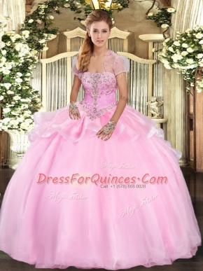 Most Popular Baby Pink Lace Up Quinceanera Dress Appliques Sleeveless Floor Length