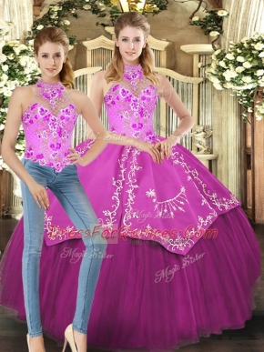 Dazzling Floor Length Fuchsia 15 Quinceanera Dress Halter Top Sleeveless Lace Up