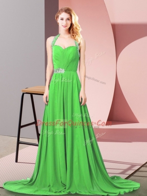Great Sleeveless Brush Train Zipper Beading and Ruching Prom Dress