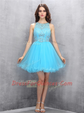 Classical Scoop Baby Blue Organza Zipper Prom Gown Sleeveless Knee Length Beading