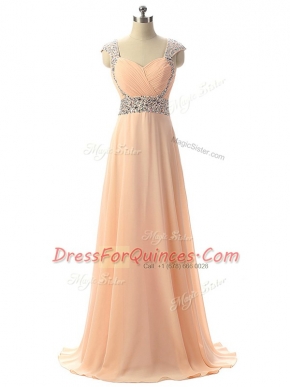 Designer Floor Length Empire Cap Sleeves Peach Prom Evening Gown Lace Up