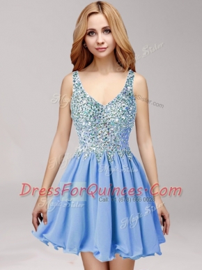 Mini Length Blue Evening Dress Straps Sleeveless Criss Cross