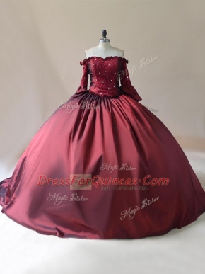 Ideal Brush Train Ball Gowns Sweet 16 Quinceanera Dress Burgundy Off The Shoulder Satin Long Sleeves Lace Up