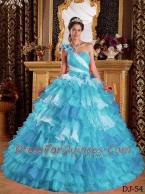 New Styles In Aqua Blue Ball Gown One Shoulder With Organza Ruffles and Beading Quinceanera Dress