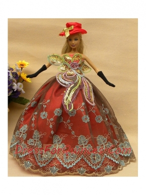 Pretty Appliques Rust Red Strapless Party Clothes Fashion Dress for Noble Barbie