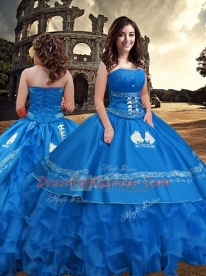 Customized Floor Length Zipper Quinceanera Gown Blue for Military Ball and Sweet 16 and Quinceanera with Embroidery and Ruffled Layers