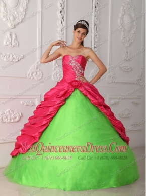 Green and Red Ball Gown Sweetheart Floor-length Taffeta Appliques and Ruch Quinceanera Dress