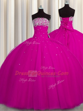 Affordable Puffy Skirt Ball Gowns Quince Ball Gowns Fuchsia Strapless Tulle Sleeveless Floor Length Lace Up