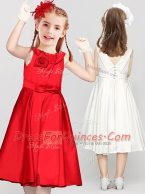Scoop Bowknot and Hand Made Flower Flower Girl Dresses Red Clasp Handle Sleeveless Tea Length