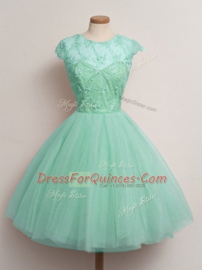 Flare Apple Green Scoop Neckline Lace Damas Dress Cap Sleeves Lace Up