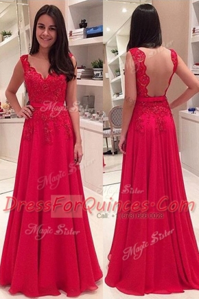High Class Red Sleeveless Chiffon Backless Prom Party Dress for Prom and Party