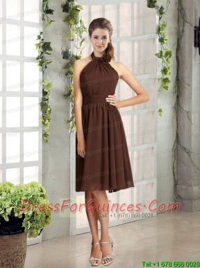 Ruching Chiffon Halter Hand Made Flowers Prom Dress in Brown