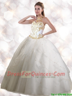 Feminine Halter Top White Quinceanera Gowns with Appliques for 2016