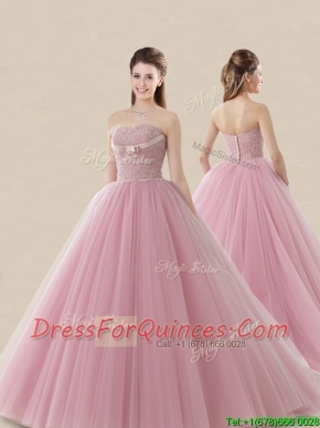 Luxurious Strapless Brush Train Sweet 16 Dress with Lace and Bowknot