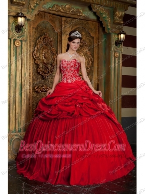 Red Ball Gown Sweetheart Floor-length Taffeta Beading and Appliques Quinceanera Dress