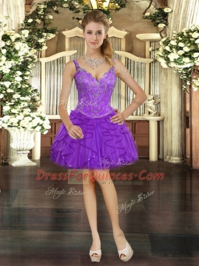 V-neck Sleeveless Homecoming Dress Mini Length Beading and Ruffles Eggplant Purple Tulle