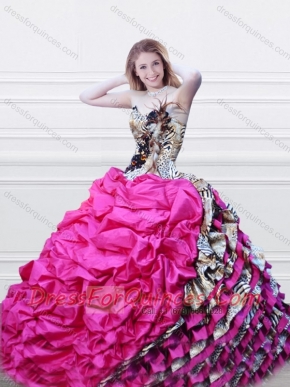 Classical Luxurious V Neck Fuchsia and Printed Quinceanera Dress with Feather and Bubbles