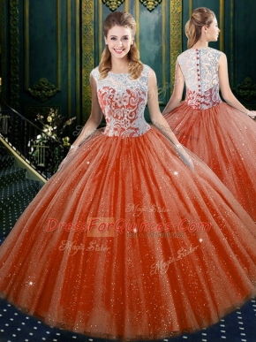 Colorful Orange Red Ball Gowns High-neck Sleeveless Tulle Floor Length Zipper Lace Quinceanera Dress