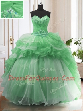 Super Ruffled Green Quinceanera Dress Sweetheart Sleeveless Sweep Train Lace Up