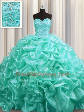 Great Court Train Aqua Blue Sweetheart Neckline Beading and Pick Ups Sweet 16 Quinceanera Dress Sleeveless Lace Up