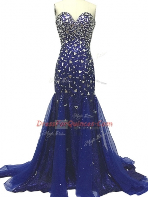Royal Blue Prom Party Dress Tulle Brush Train Sleeveless Beading