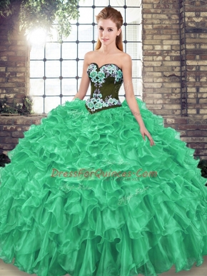 Designer Organza Sweetheart Sleeveless Sweep Train Lace Up Embroidery and Ruffles Quinceanera Dresses in Green