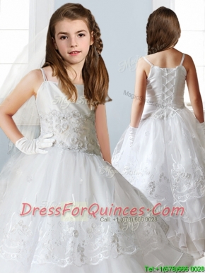 Luxurious White Spaghetti Straps Flower Girl Dress with Appliques and Ruffled Layers