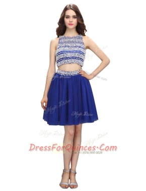 Scoop Beading Evening Dress Royal Blue Backless Sleeveless Knee Length