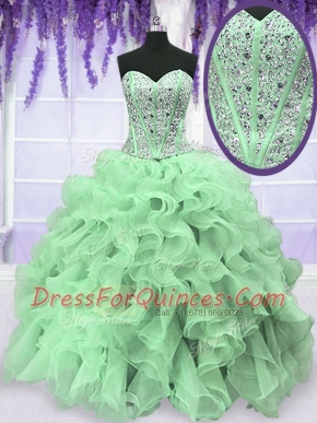 Apple Green Sleeveless Floor Length Beading and Ruffles Lace Up Quinceanera Dress