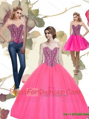 2015 Modest Beading Sweetheart Tulle Hot Pink Quinceanera Dresses