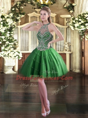 Fabulous Halter Top Sleeveless Lace Up Prom Dress Green Tulle