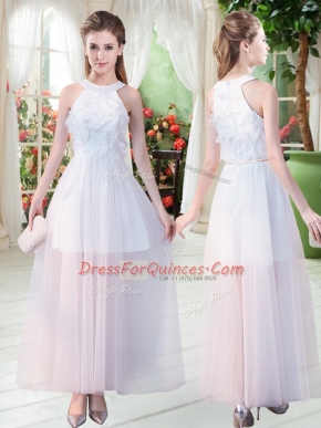 Scoop Sleeveless Prom Party Dress Ankle Length Appliques White Tulle