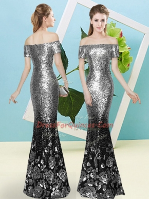 Most Popular V-neck Short Sleeves Zipper Prom Dress Silver Sequined